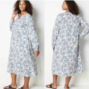 J Jill Pure Jill Organic Cotton Saffron Midi Dress Long‎ Sleeve Blue White
